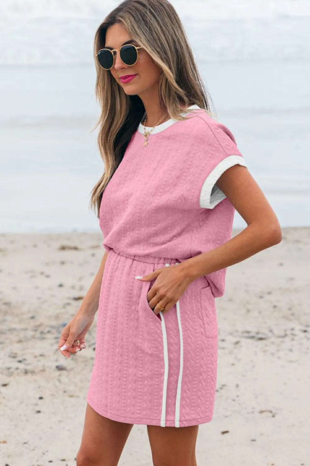 New Dear-Lover Contrast Trim Textured Crewneck Tee and Pocketed Skirt Set Pink