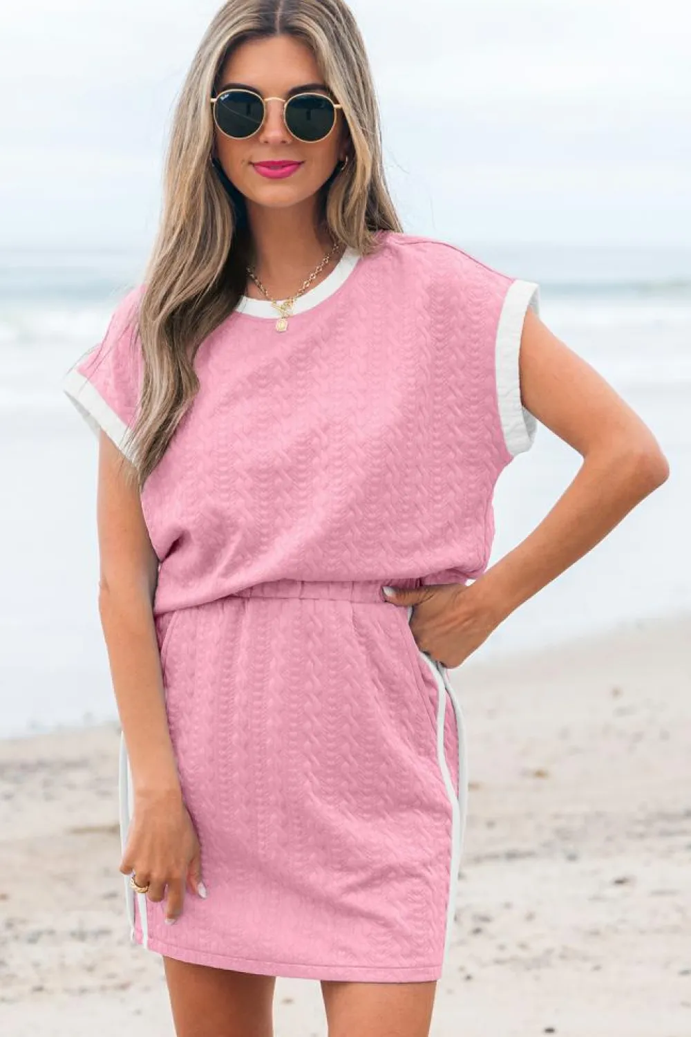 New Dear-Lover Contrast Trim Textured Crewneck Tee and Pocketed Skirt Set Pink