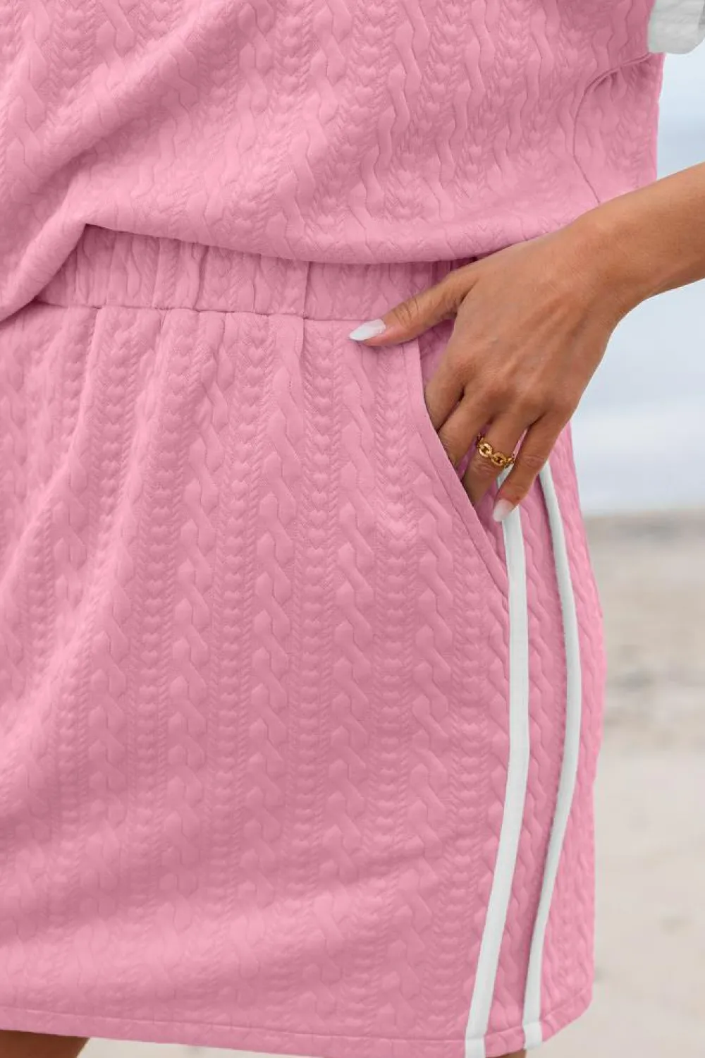 New Dear-Lover Contrast Trim Textured Crewneck Tee and Pocketed Skirt Set Pink