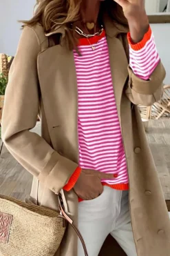 Clearance Dear-Lover Contrast Trimmed Striped Drop Shoulder Sweater Pink