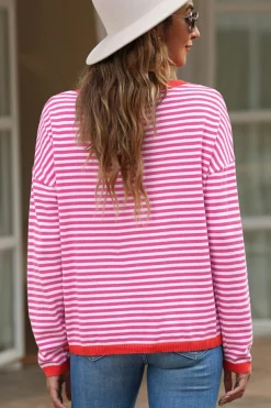 Clearance Dear-Lover Contrast Trimmed Striped Drop Shoulder Sweater Pink