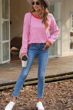Clearance Dear-Lover Contrast Trimmed Striped Drop Shoulder Sweater Pink