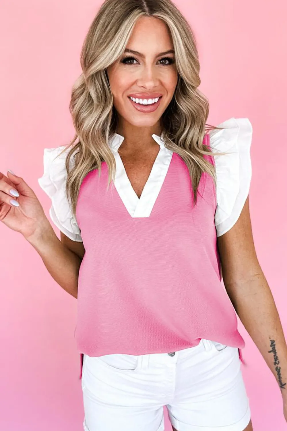 Online Dear-Lover Contrast V Neck Ruffled Textured Knit Top Pink