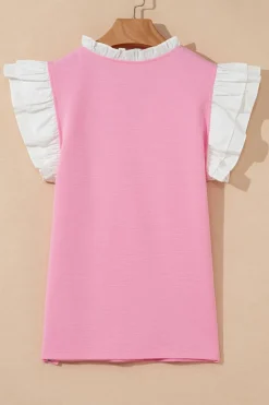 Online Dear-Lover Contrast V Neck Ruffled Textured Knit Top Pink