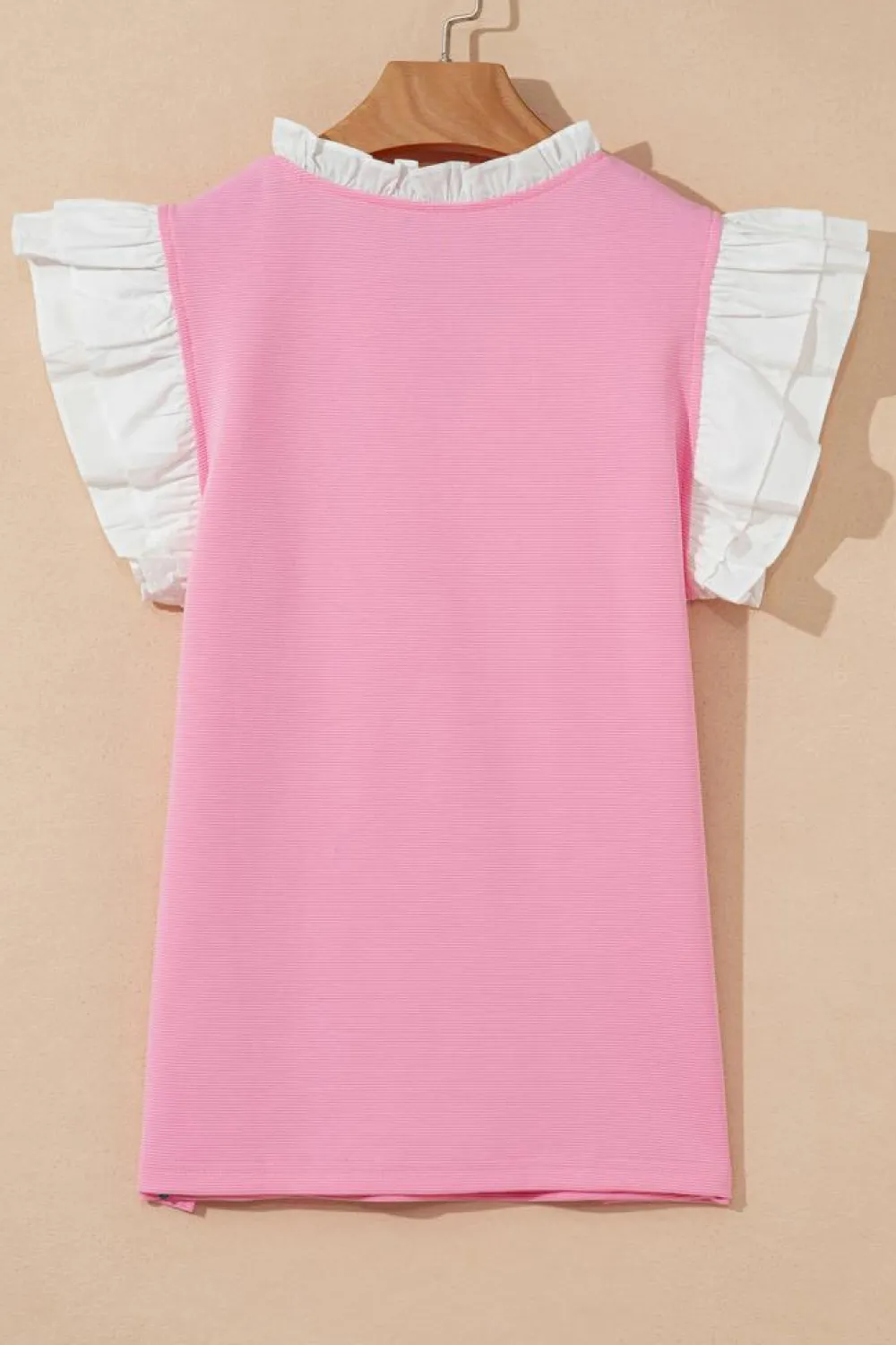 Online Dear-Lover Contrast V Neck Ruffled Textured Knit Top Pink