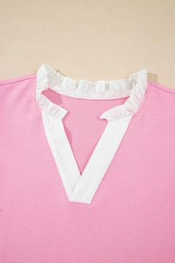Online Dear-Lover Contrast V Neck Ruffled Textured Knit Top Pink