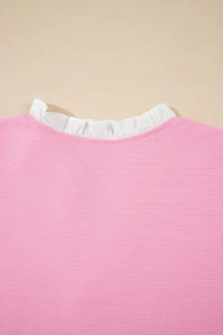Online Dear-Lover Contrast V Neck Ruffled Textured Knit Top Pink