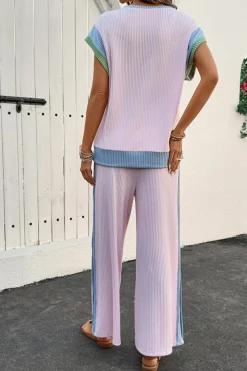 Outlet Dear-Lover Corded Colorblock Patchwork Short Sleeve Top and Loose Pants Set Pink