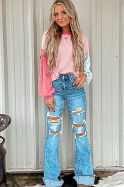 Fashion Dear-Lover Corded Colorblock Patchwork Drop Shoulder Long Sleeve Top Pink