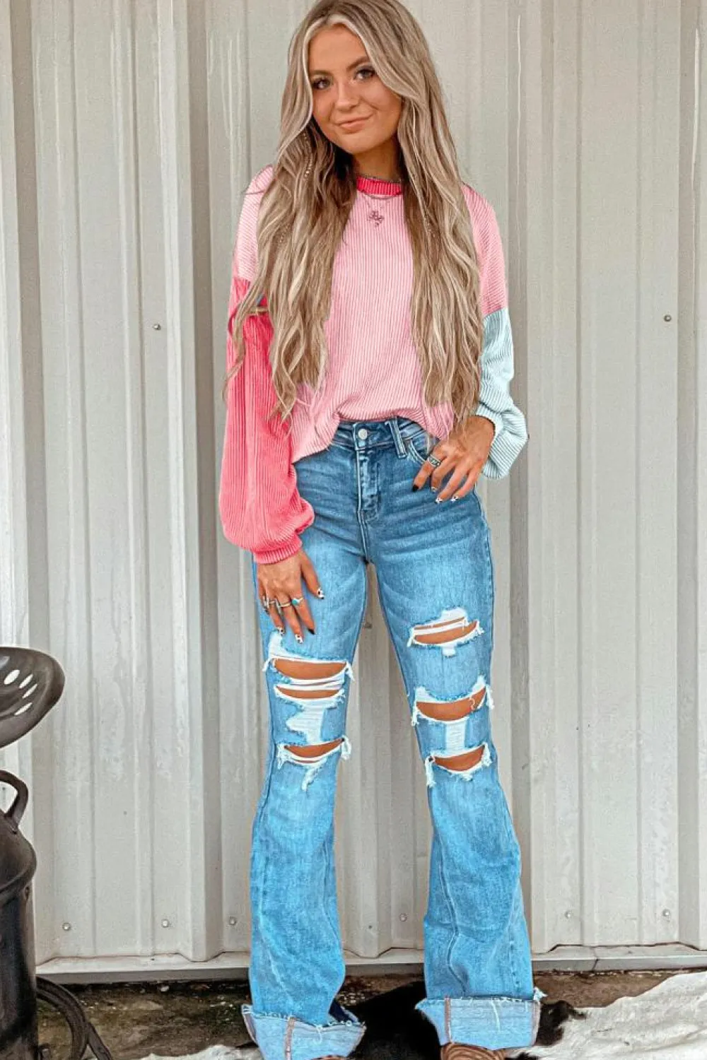 Fashion Dear-Lover Corded Colorblock Patchwork Drop Shoulder Long Sleeve Top Pink