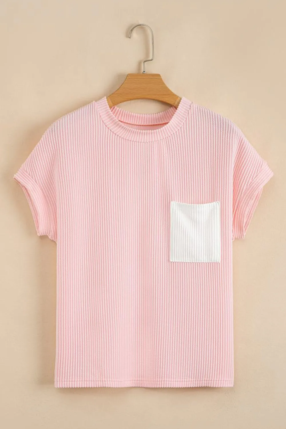 Best Dear-Lover Corded Knit Color Block Pocketed Crew Neck T Shirt Pink