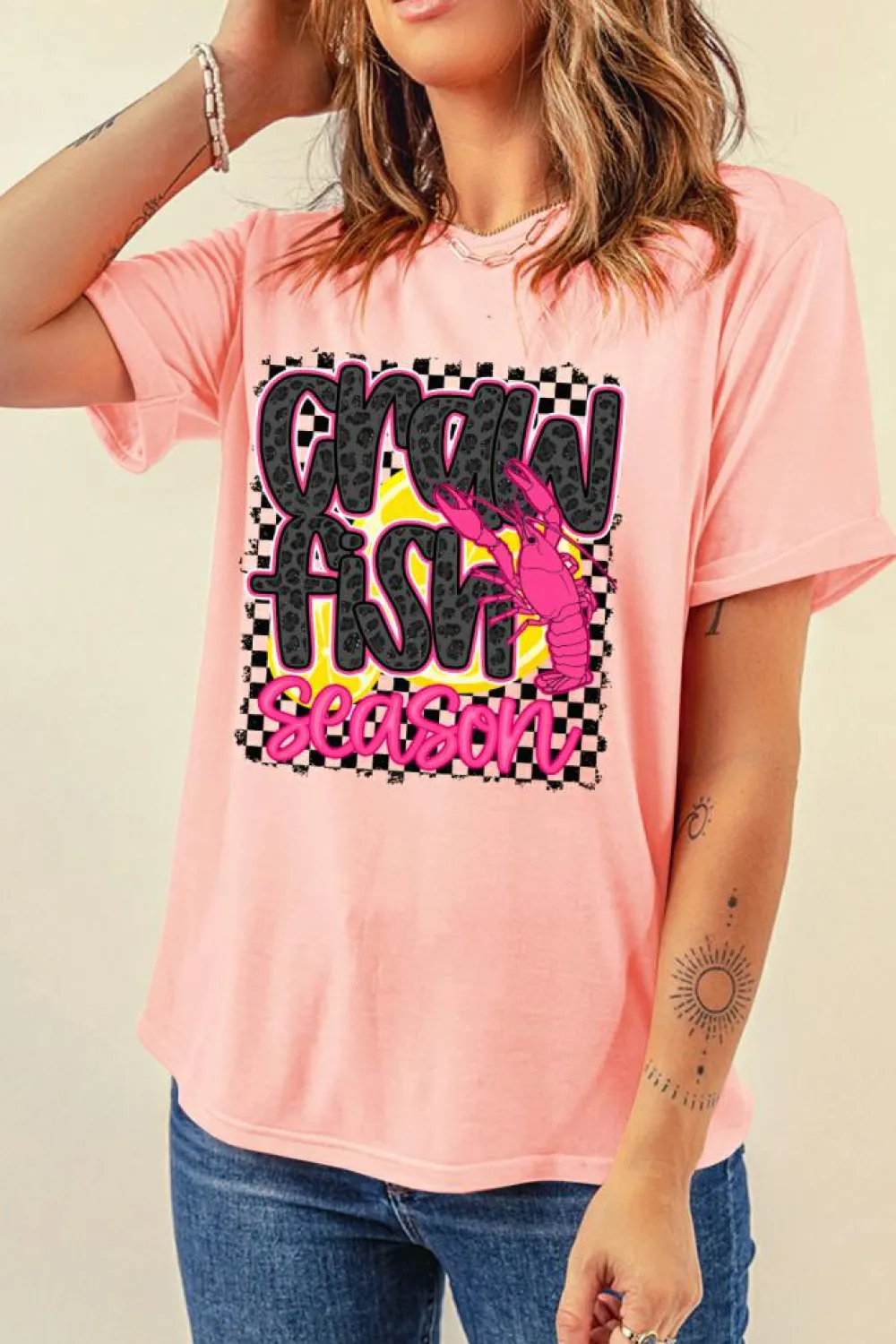 Fashion Dear-Lover Crawfish Season Graphic Casual Tee Pink