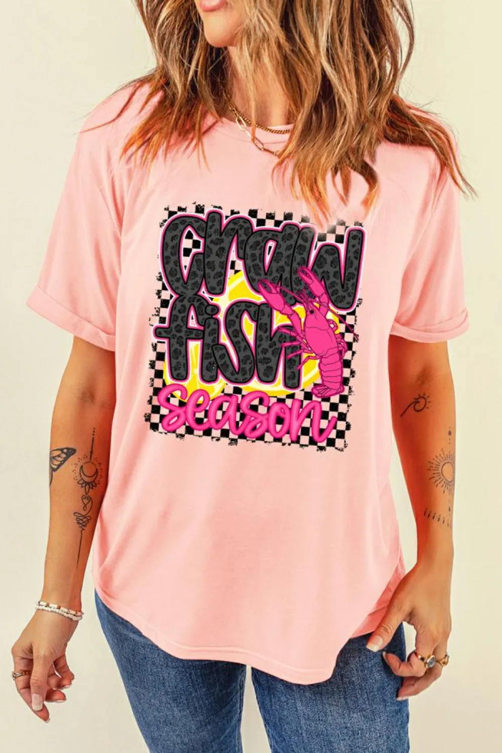 Fashion Dear-Lover Crawfish Season Graphic Casual Tee Pink