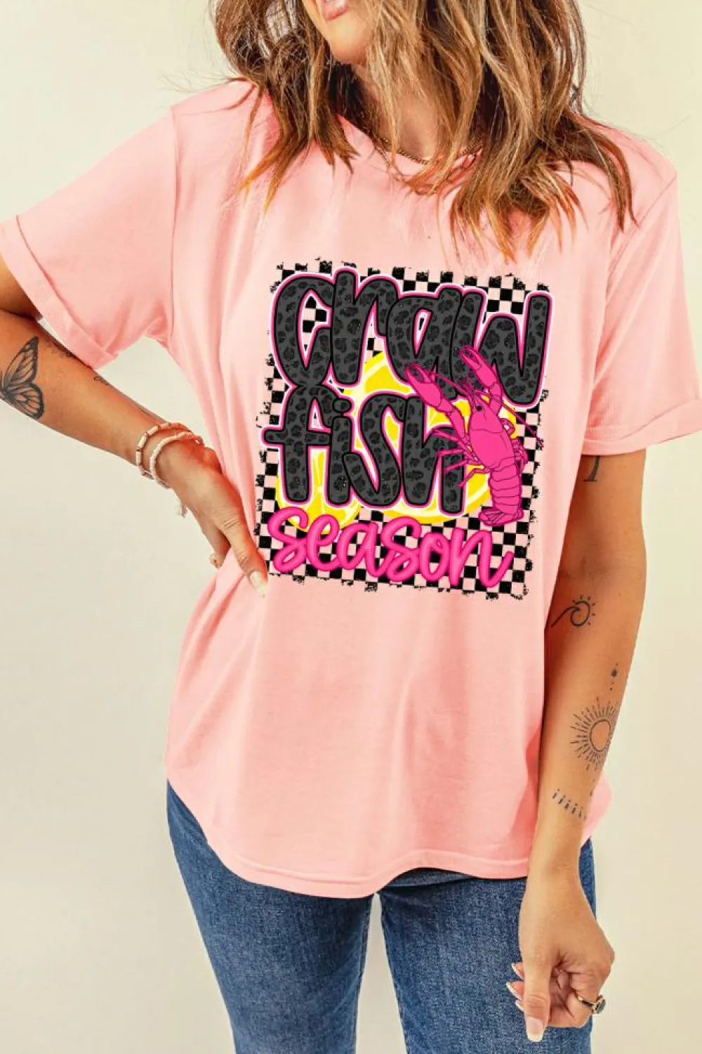 Fashion Dear-Lover Crawfish Season Graphic Casual Tee Pink