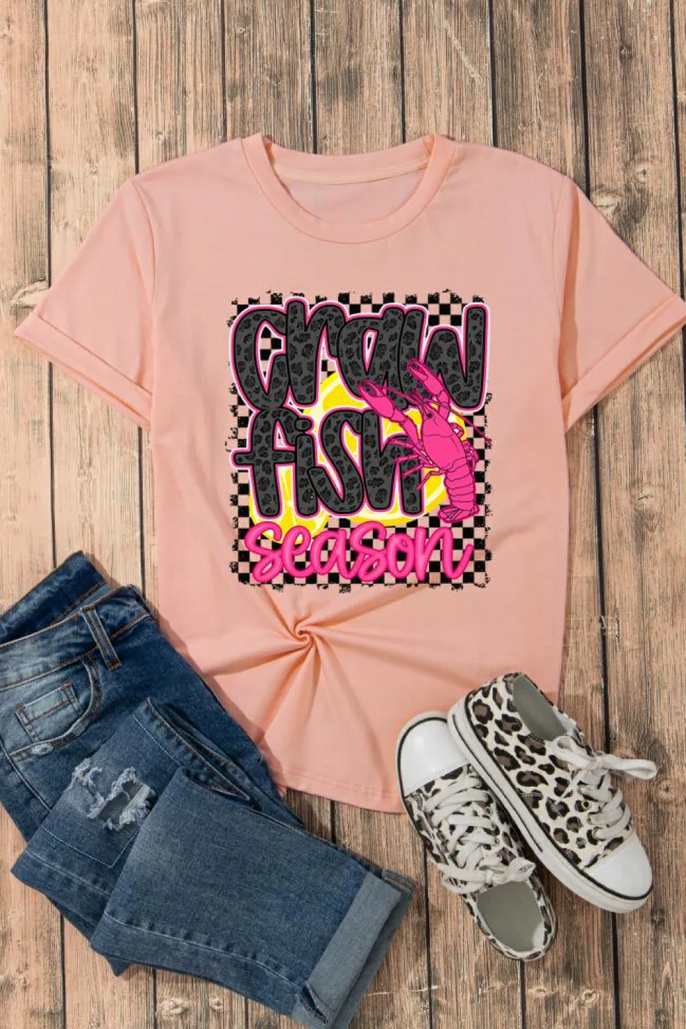 Fashion Dear-Lover Crawfish Season Graphic Casual Tee Pink