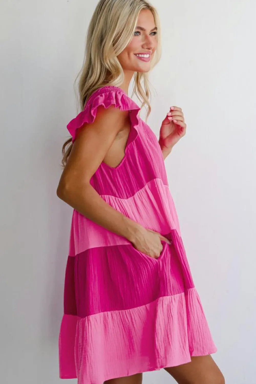 Best Dear-Lover Crinkled Colorblock Patchwork Flutter Tiered Mini Dress Pink