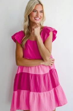 Best Dear-Lover Crinkled Colorblock Patchwork Flutter Tiered Mini Dress Pink