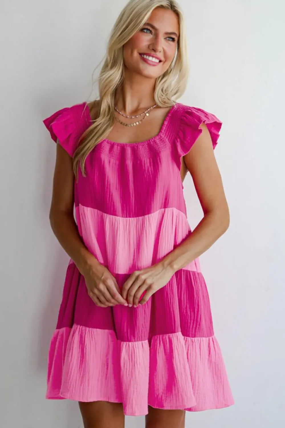 Best Dear-Lover Crinkled Colorblock Patchwork Flutter Tiered Mini Dress Pink