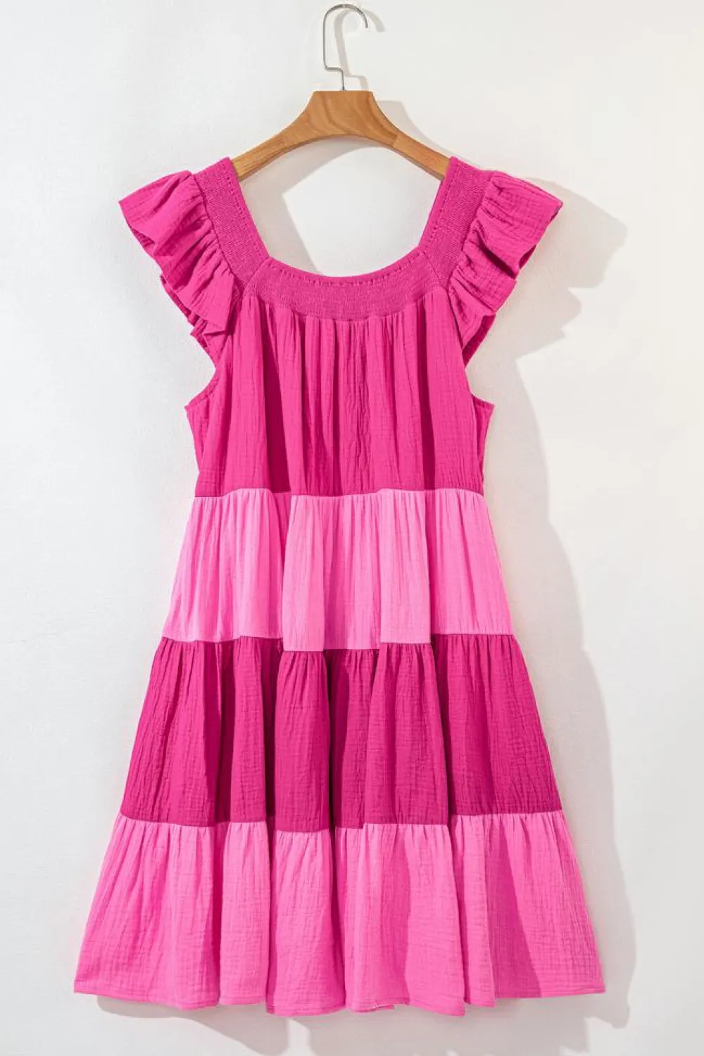 Best Dear-Lover Crinkled Colorblock Patchwork Flutter Tiered Mini Dress Pink