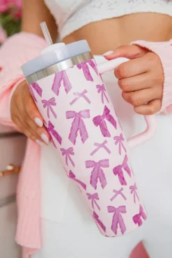 Best Dear-Lover Cute Bowknot Printed Tumbler with Handle 40oz Pink