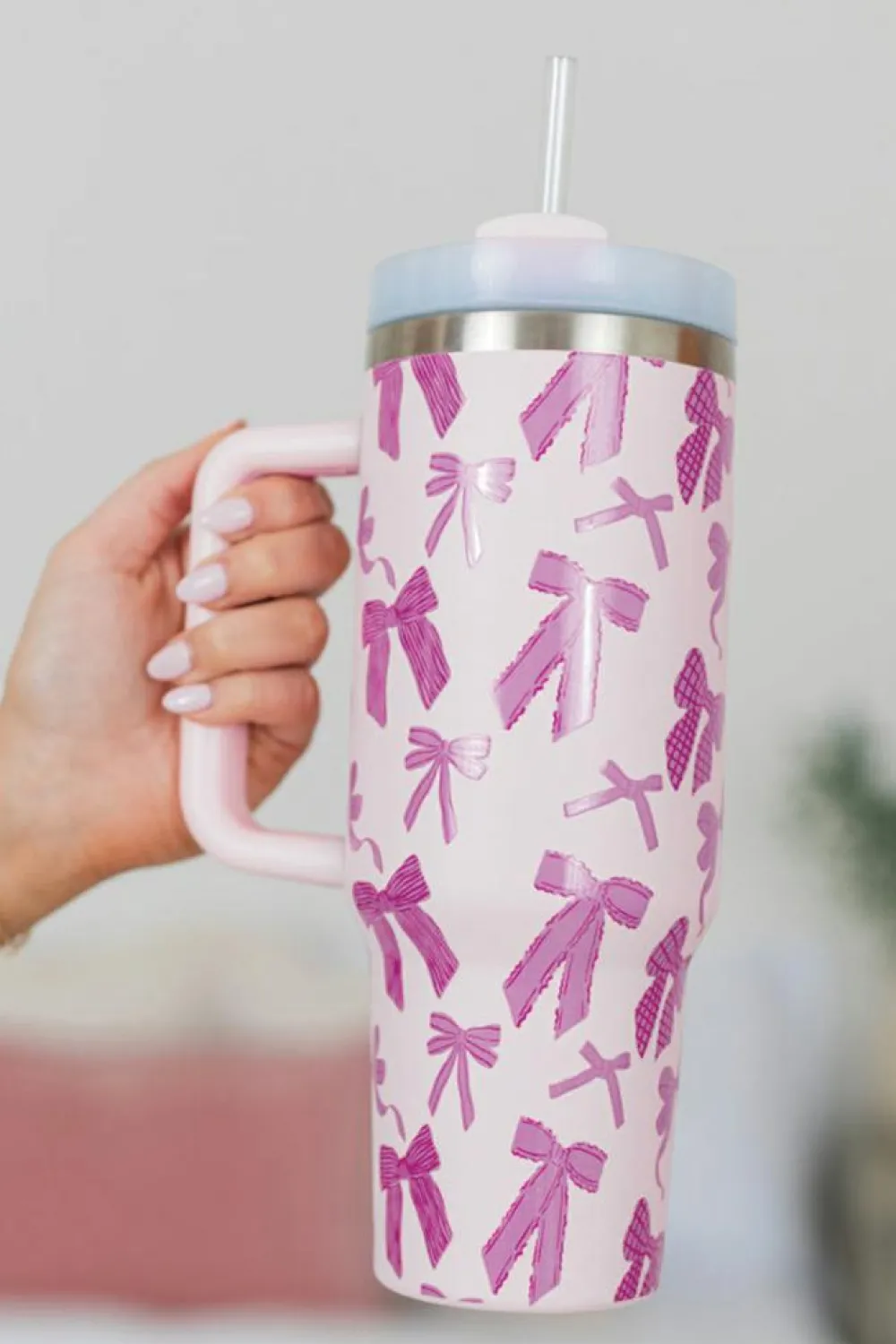 Best Dear-Lover Cute Bowknot Printed Tumbler with Handle 40oz Pink