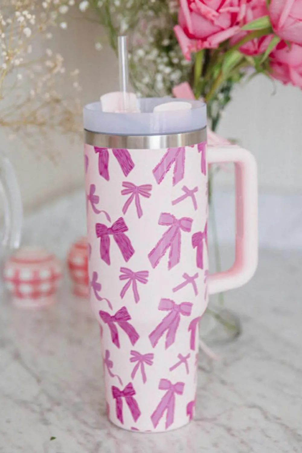 Best Dear-Lover Cute Bowknot Printed Tumbler with Handle 40oz Pink