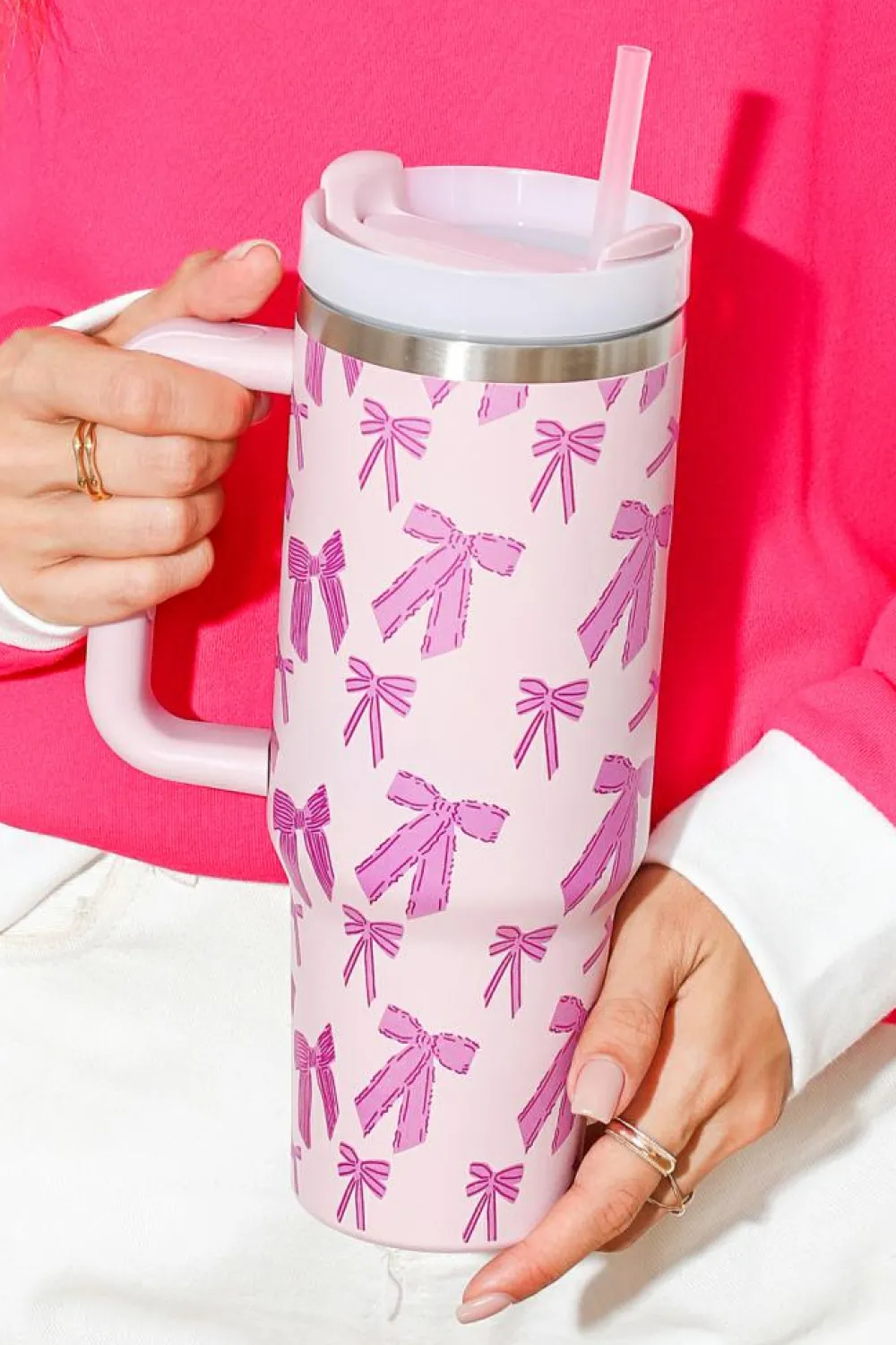 Best Dear-Lover Cute Bowknot Printed Tumbler with Handle 40oz Pink