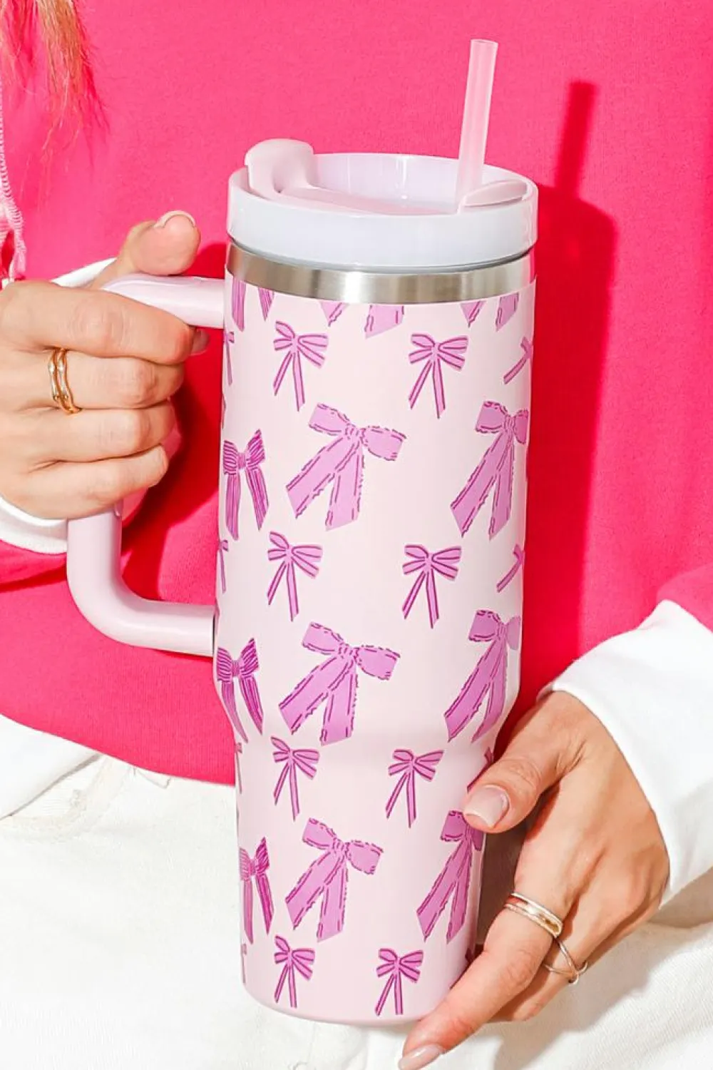 Best Dear-Lover Cute Bowknot Printed Tumbler with Handle 40oz Pink