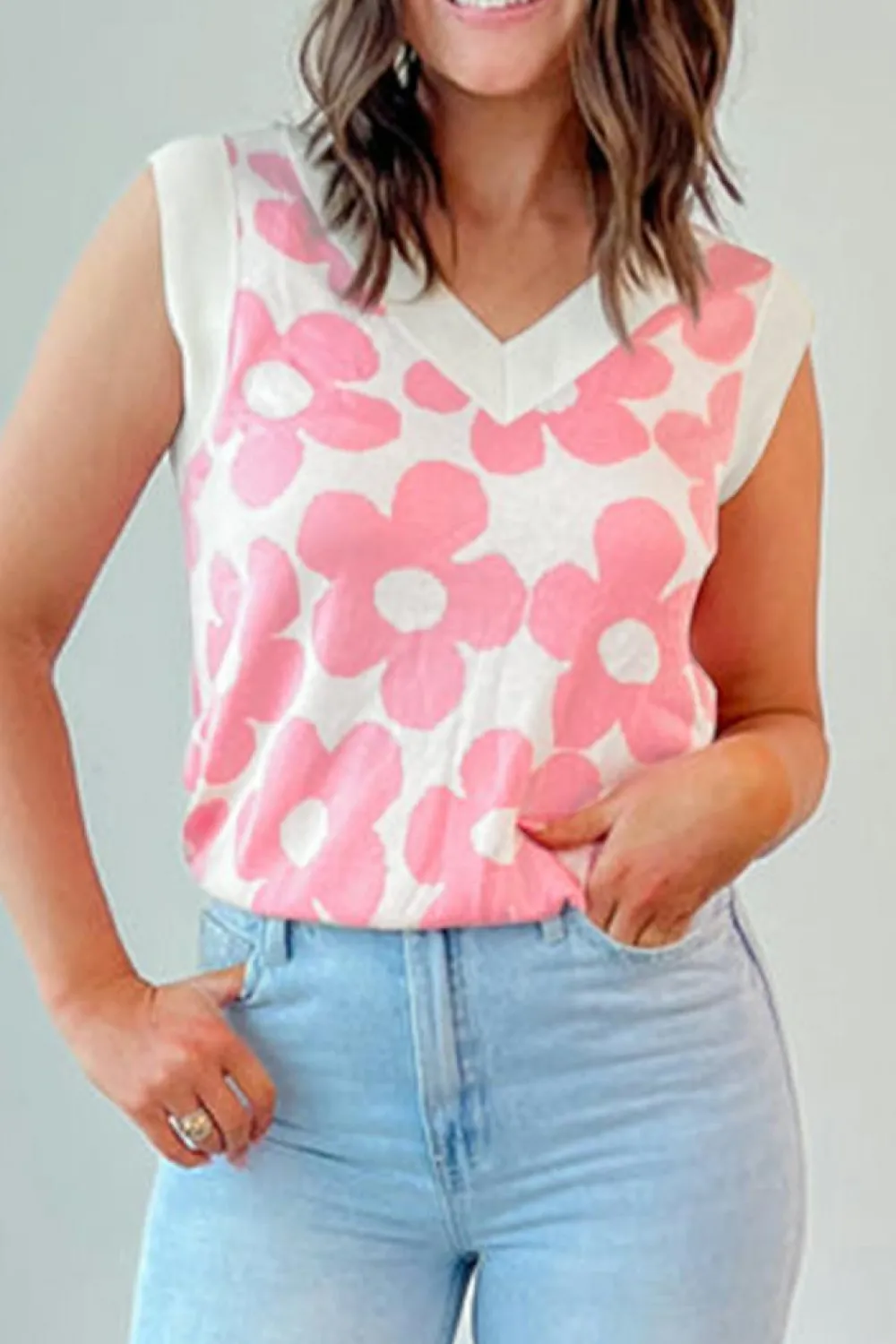 Online Dear-Lover Cute Flower Knitted V Neck Tank Top Pink