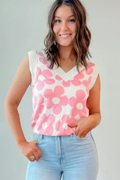 Online Dear-Lover Cute Flower Knitted V Neck Tank Top Pink