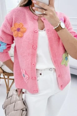 Sale Dear-Lover Cute Knitted Floral Pattern Button Up Cardigan Pink