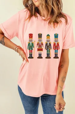 Sale Dear-Lover Cute Nutcracker Graphic Crewneck Christmas T Shirt Pink