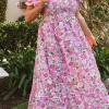 Outlet Dear-Lover Dainty Floral Smocked Puff Sleeve Flowy Long Dress Pink