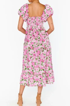 Outlet Dear-Lover Dainty Floral Smocked Puff Sleeve Flowy Long Dress Pink