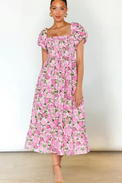 Outlet Dear-Lover Dainty Floral Smocked Puff Sleeve Flowy Long Dress Pink