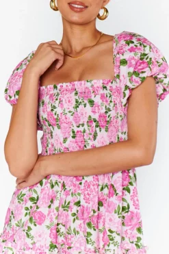 Outlet Dear-Lover Dainty Floral Smocked Puff Sleeve Flowy Long Dress Pink