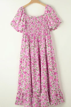 Outlet Dear-Lover Dainty Floral Smocked Puff Sleeve Flowy Long Dress Pink