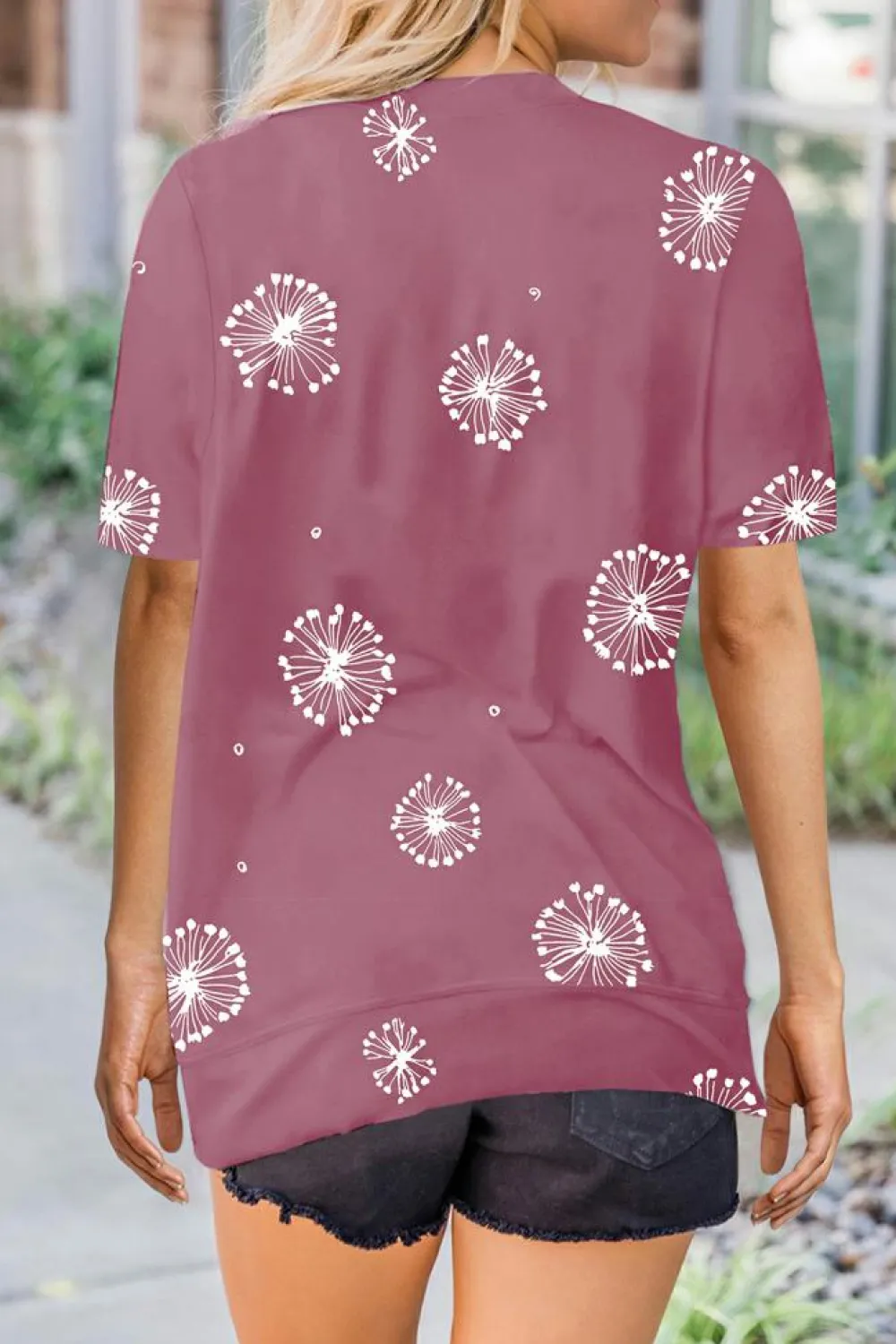Fashion Dear-Lover Dandelion Print Crew Neck T-shirt Pink