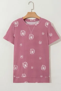Fashion Dear-Lover Dandelion Print Crew Neck T-shirt Pink
