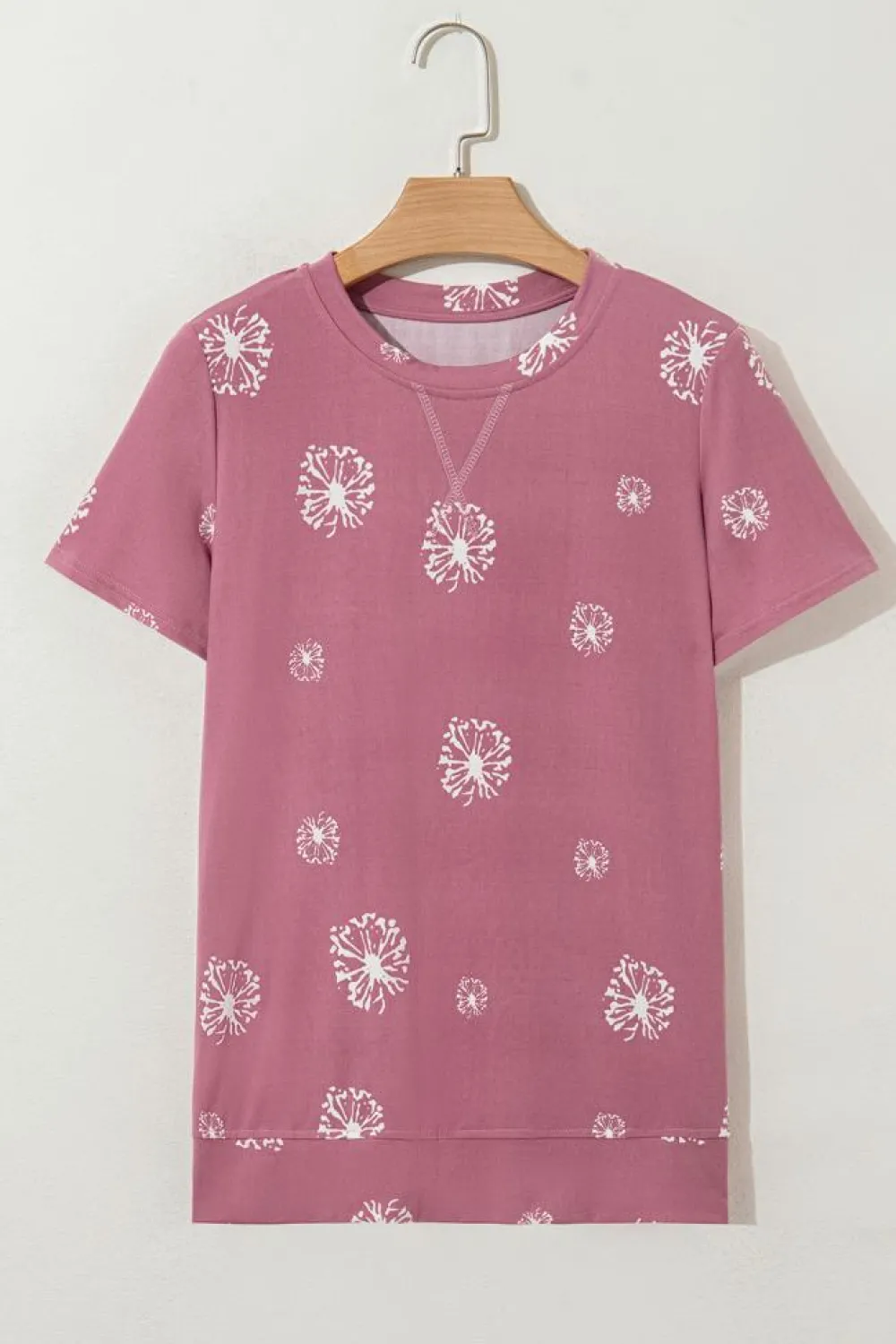 Fashion Dear-Lover Dandelion Print Crew Neck T-shirt Pink