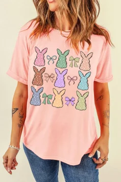 Clearance Dear-Lover Dotty Bunny Bow Printed Easter Day Fashion T Shirt Pink