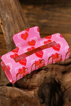 Sale Dear-Lover Double Heart Printed Valentines Fashion Hair Claw Pink