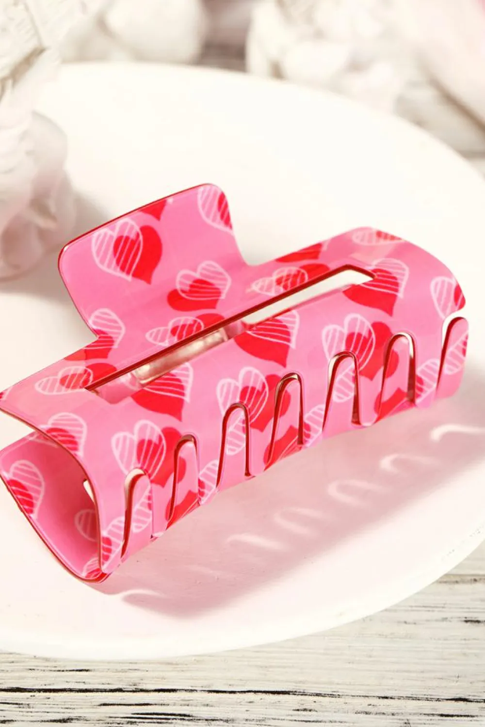 Sale Dear-Lover Double Heart Printed Valentines Fashion Hair Claw Pink