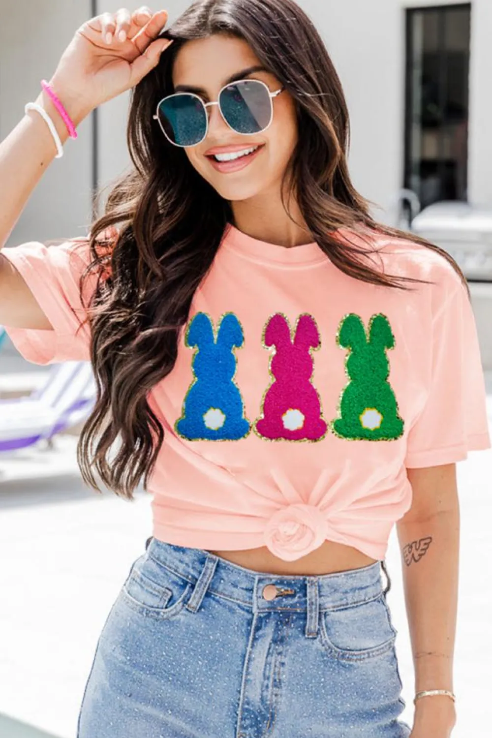 Best Dear-Lover Easter Bunny Chenille Patched Graphic Tee Pink