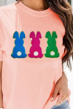 Best Dear-Lover Easter Bunny Chenille Patched Graphic Tee Pink