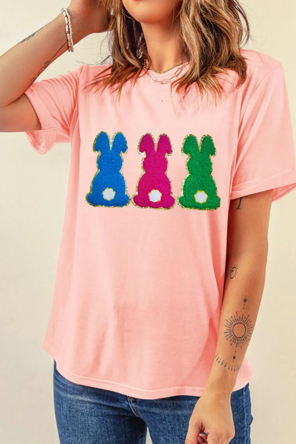 Best Dear-Lover Easter Bunny Chenille Patched Graphic Tee Pink