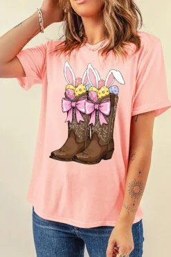 Online Dear-Lover Easter Eggs Bunny Ear Bow Boots Printed Tee Pink