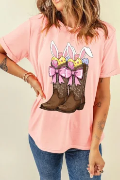 Online Dear-Lover Easter Eggs Bunny Ear Bow Boots Printed Tee Pink
