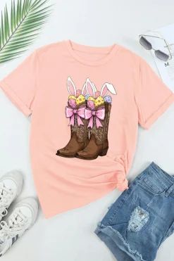 Online Dear-Lover Easter Eggs Bunny Ear Bow Boots Printed Tee Pink