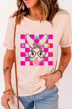 Hot Dear-Lover Easter Rabbit Checkered Flower Print O-neck T Shirt Pink